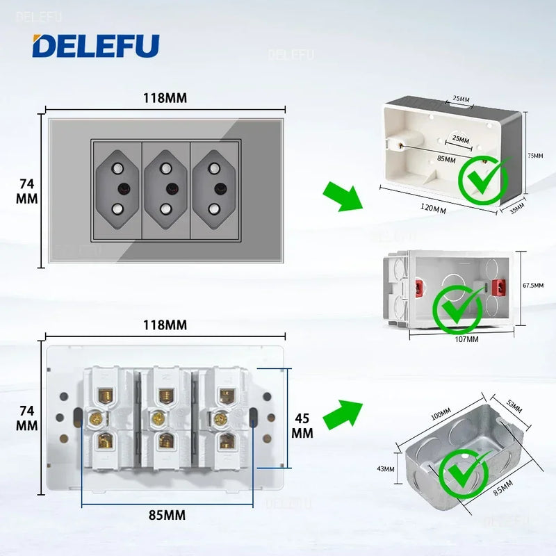 DELEFU Tempered Gray Glass Brazil Standard Outlet Dual Usb Type C Switzerland Wall Socket Light Switch Switzerland 118mm 10A 20A