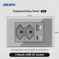 DELEFU Tempered Gray Glass Brazil Standard Outlet Dual Usb Type C Switzerland Wall Socket Light Switch Switzerland 118mm 10A 20A