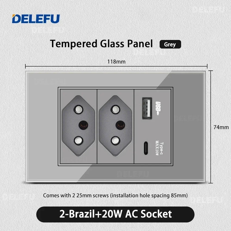 DELEFU Tempered Gray Glass Brazil Standard Outlet Dual Usb Type C Switzerland Wall Socket Light Switch Switzerland 118mm 10A 20A