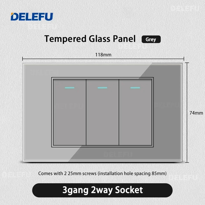 DELEFU Tempered Gray Glass Brazil Standard Outlet Dual Usb Type C Switzerland Wall Socket Light Switch Switzerland 118mm 10A 20A