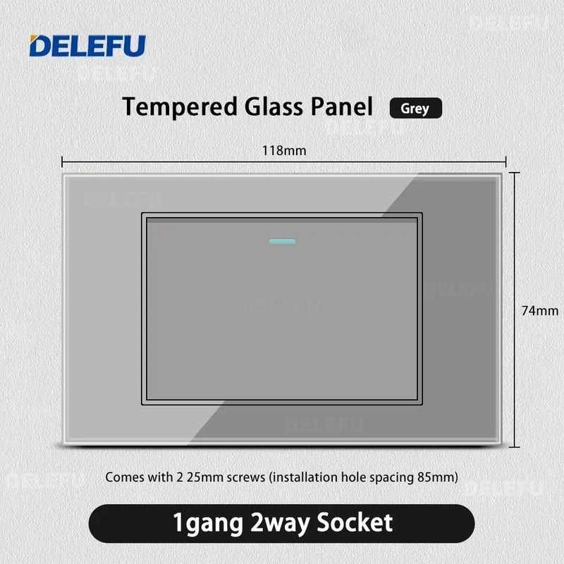 DELEFU Tempered Gray Glass Brazil Standard Outlet Dual Usb Type C Switzerland Wall Socket Light Switch Switzerland 118mm 10A 20A