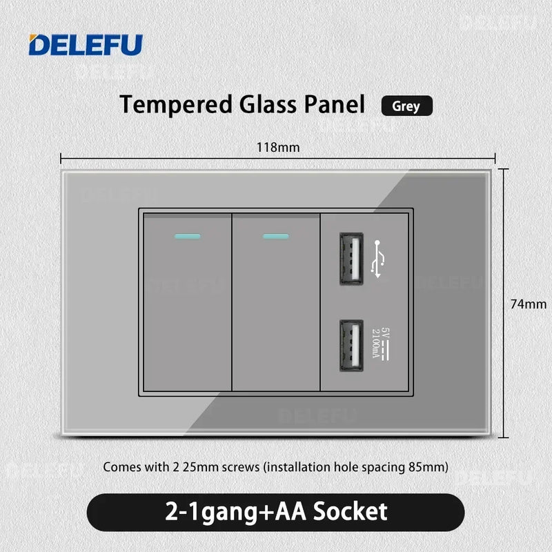 DELEFU Tempered Gray Glass Brazil Standard Outlet Dual Usb Type C Switzerland Wall Socket Light Switch Switzerland 118mm 10A 20A