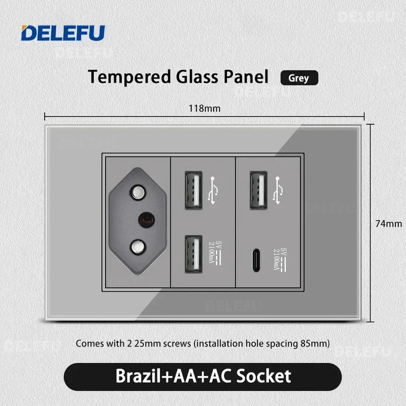 DELEFU Tempered Gray Glass Brazil Standard Outlet Dual Usb Type C Switzerland Wall Socket Light Switch Switzerland 118mm 10A 20A