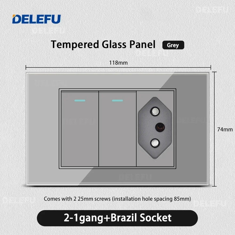 DELEFU Tempered Gray Glass Brazil Standard Outlet Dual Usb Type C Switzerland Wall Socket Light Switch Switzerland 118mm 10A 20A