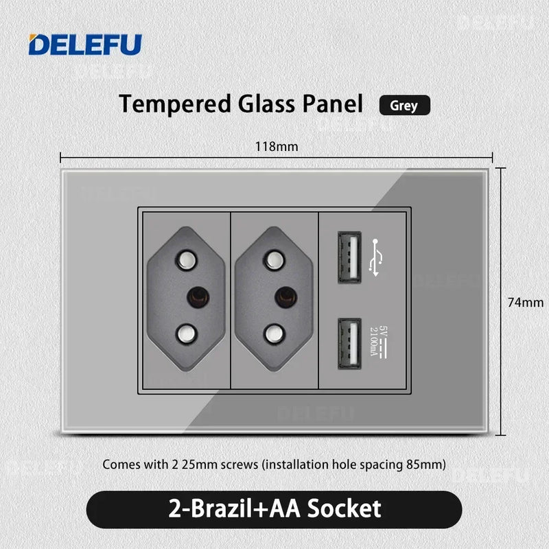 DELEFU Tempered Gray Glass Brazil Standard Outlet Dual Usb Type C Switzerland Wall Socket Light Switch Switzerland 118mm 10A 20A