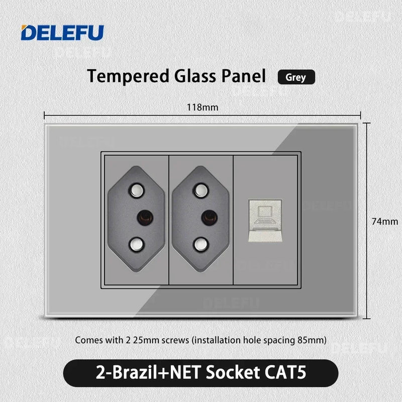 DELEFU Tempered Gray Glass Brazil Standard Outlet Dual Usb Type C Switzerland Wall Socket Light Switch Switzerland 118mm 10A 20A