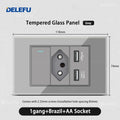 DELEFU Tempered Gray Glass Brazil Standard Outlet Dual Usb Type C Switzerland Wall Socket Light Switch Switzerland 118mm 10A 20A