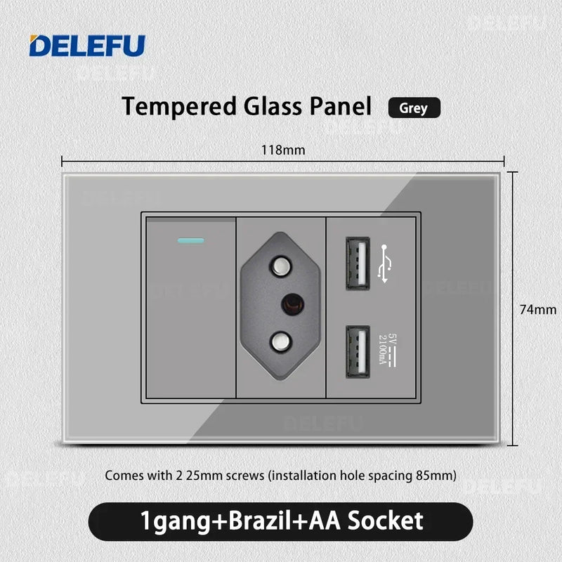 DELEFU Tempered Gray Glass Brazil Standard Outlet Dual Usb Type C Switzerland Wall Socket Light Switch Switzerland 118mm 10A 20A